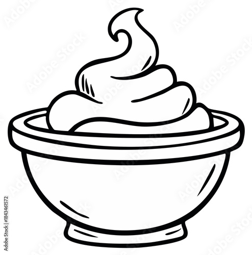 Outline drawing of a bowl filled with cream swirls and waves for confectionery design