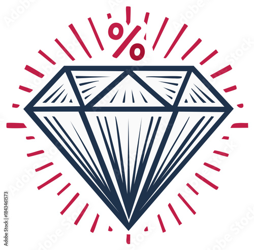 Shining diamond icon with percent sign hand drawn vector illustration for sales and discounts