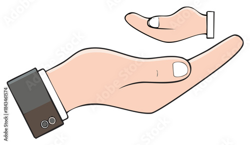 Large human hand supporting smaller human hand representing protection care and assistance