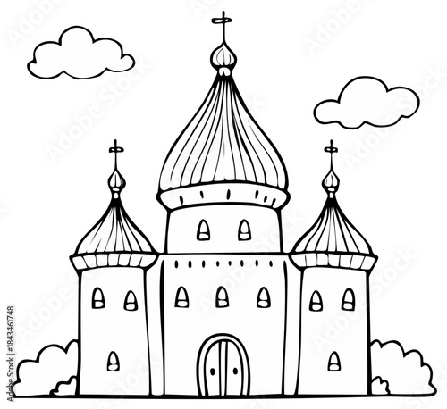 Doodle drawing of an orthodox church building with crosses, dome, and clouds above it, simple illustration