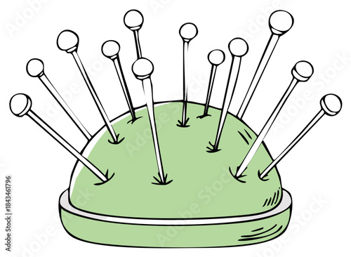Sewing pin cushion with multiple pins inserted into its plush surface, artistic drawing