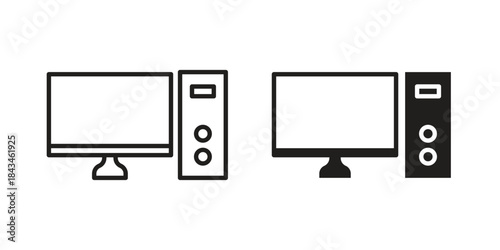 Desktop computer icons. Solid black silhouette and line art outline. Minimal design element,