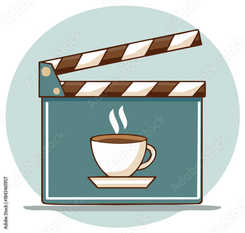 Cartoon Film Clapperboard with a Steaming Hot Coffee Cup Illustration