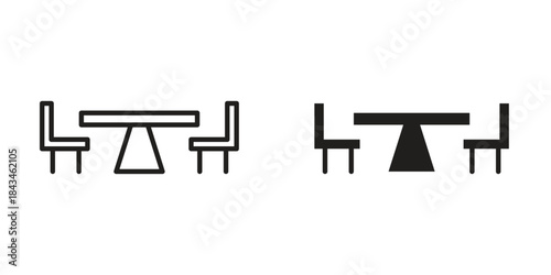 Dining table icons. Solid black silhouette and line art outline. Minimal design element,