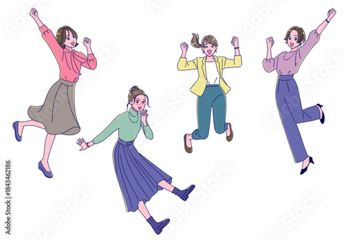 ジャンプして喜ぶ社会人女性たち