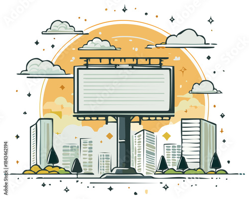 Stylized Cityscape with Billboard Against a Sun and Clouds Backdrop, Stars Scattered Above