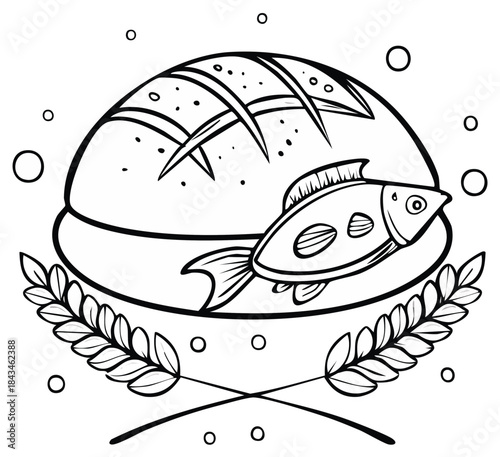 Line art illustration of a loaf of bread and fish with wheat stalks representing Christian symbolism