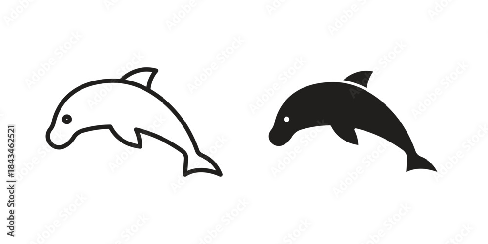 Obraz premium Dolphin icons. Solid black silhouette and line art outline. Minimal design element,