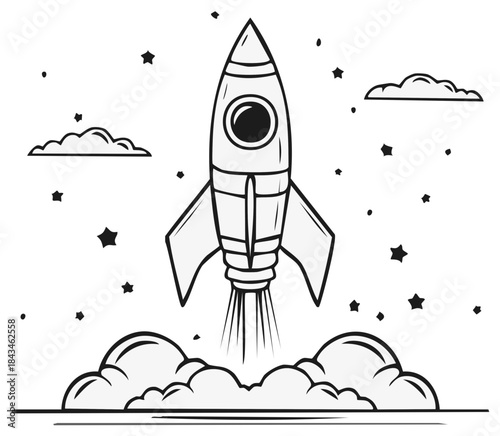 Cartoon rocket ship launching into space with stars and clouds line art illustration