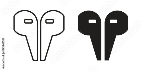 Earbuds icons. Solid black silhouette and line art outline. Minimal design element,