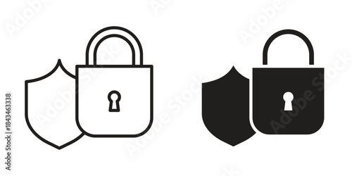 Encryption icons. Solid black silhouette and line art outline. Minimal design element,