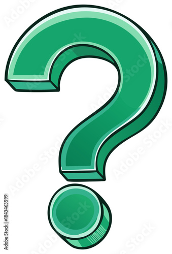Glossy green three-dimensional question mark symbol in a bold cartoon style