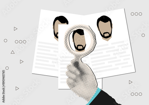 Trendy halftone collage hand holding magnifying glass and finding new worker,template for applying for job, giving CV, job competition
