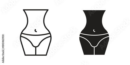 Female hips and waist icons. Solid black silhouette and line art outline. Minimal design element,