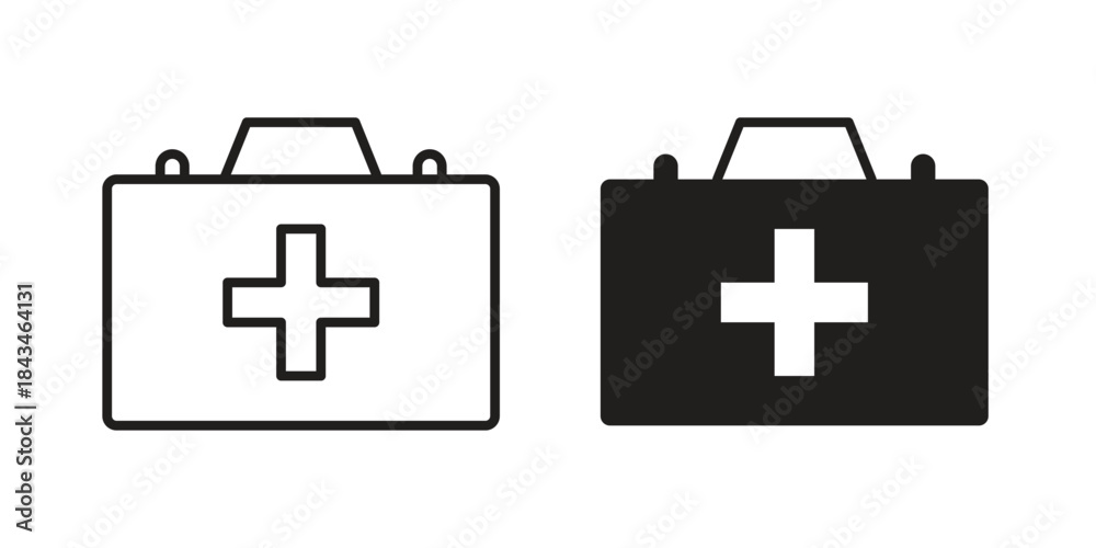 Obraz premium First aid kit icons. Solid black silhouette and line art outline. Minimal design element,