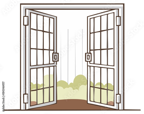 Open screen door looking out onto shrubs and green foliage in a backyard, home garden concept