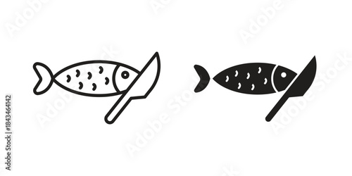 Fish and a knife icons. Solid black silhouette and line art outline. Minimal design element,