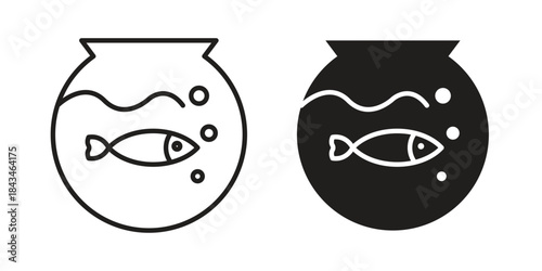 Fish bowl icons. Solid black silhouette and line art outline. Minimal design element,