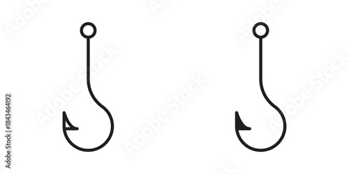 Fishing Hook icons. Solid black silhouette and line art outline. Minimal design element,