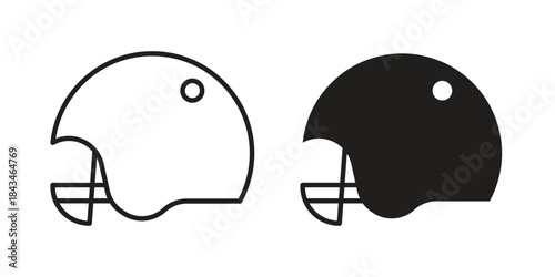 Football helmet icons. Solid black silhouette and line art outline. Minimal design element,