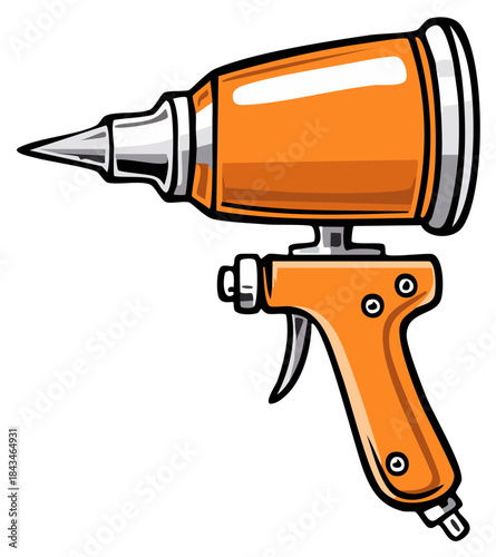 Orange paint spray gun with metal nozzle, airbrush equipment for art, vector illustration