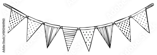 Hand-drawn celebratory bunting garland with triangle flags and mixed patterns hanging up