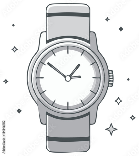 Elegant wristwatch with leather strap and sparkle accents symbolizing punctuality and timeless style in a modern hand-drawn fashion