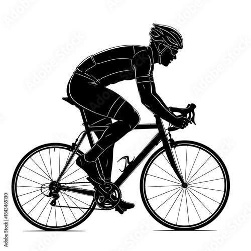 Silhouette of a male cyclist riding a road bike in a racing position, wearing a helmet and cycling gear.