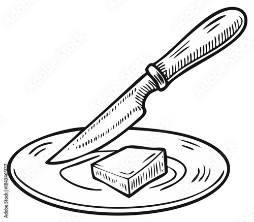 Sketch of Butter Block on Plate with Knife Slice Ready for Serving
