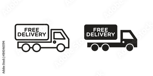 Free delivery icons. Solid black silhouette and line art outline. Minimal design element,