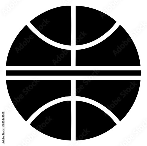 Minimalist black and white basketball graphic icon depicting a generic ball and standard panel arrangement in a simple design