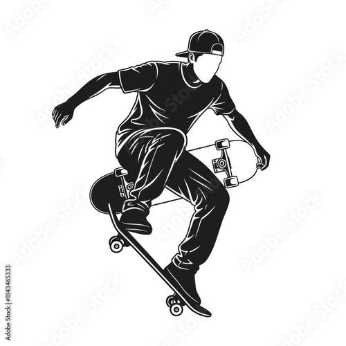 A dynamic black and white vector illustration of a skateboarder performing an aerial trick, showcasing extreme sports and urban culture.