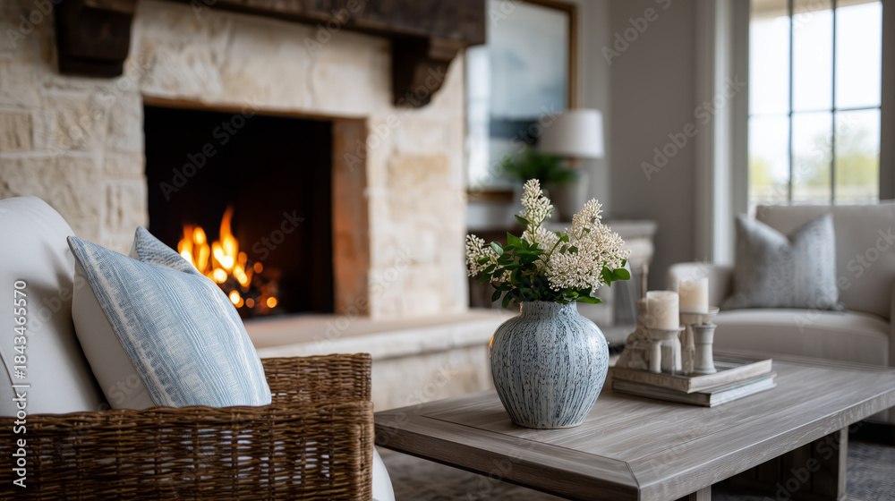 Obraz premium A living room with a fireplace and a vase of flowers on a coffee table