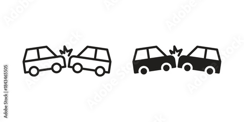 Frontal crash icons. Solid black silhouette and line art outline. Minimal design element,
