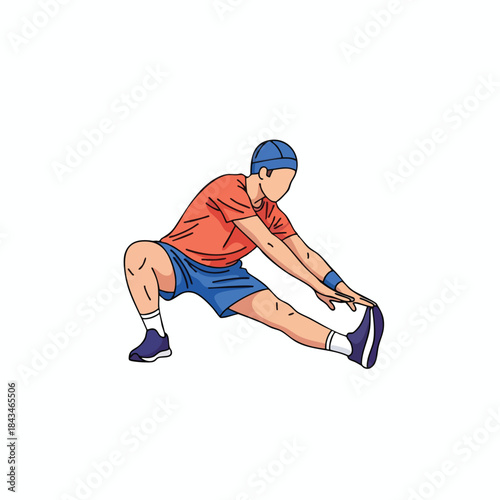 A cartoon person in athletic clothing stretches their leg, touching their foot