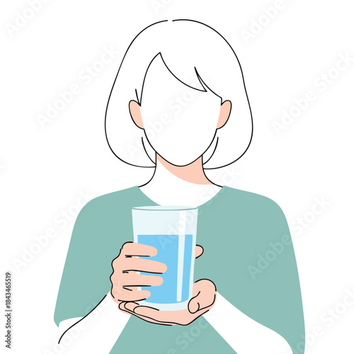 A faceless figure holds a glass of blue liquid, likely water. Wearing a blue-green shirt