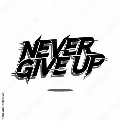 Stylized black and white text 'NEVER GIVE UP' with a dynamic, sharp-edged font and shadow effect, conveying motivation and perseverance.