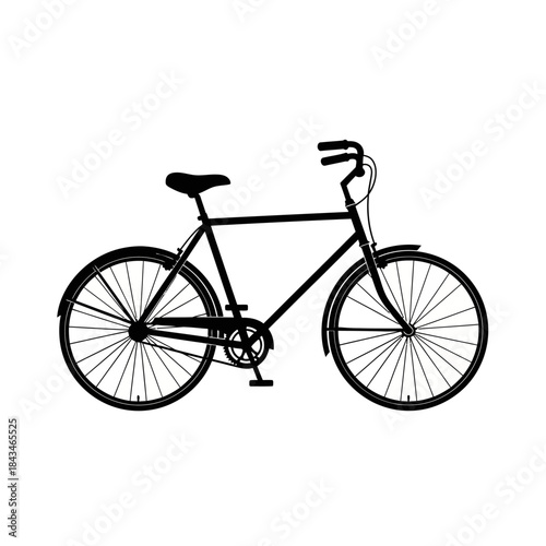 Black silhouette of a classic bicycle with fenders and a chain on a white background.