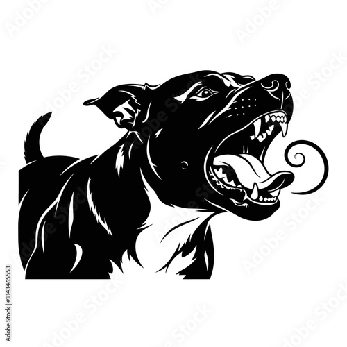 Black and white graphic illustration of an aggressive dog barking or growling with bared teeth and tongue out.