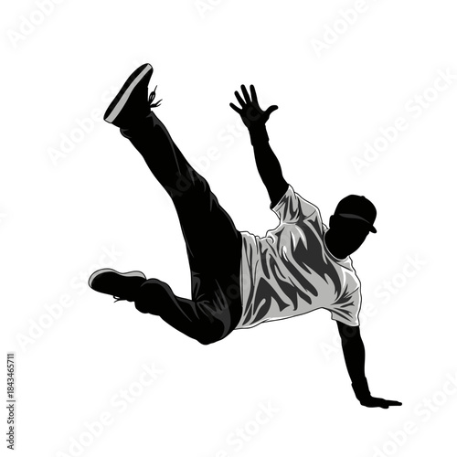 Dynamic black and white illustration of a male dancer performing an energetic breakdance move, with one hand on the ground.