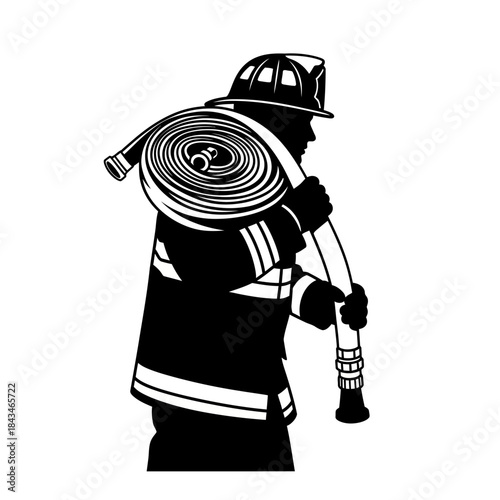 Black and white graphic illustration of a firefighter carrying a coiled fire hose over their shoulder, ready for action.