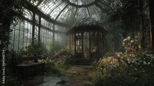Bright greenhouse with plants and flowers in a natural setting during the day, showing details of glass structure and wooden bench
