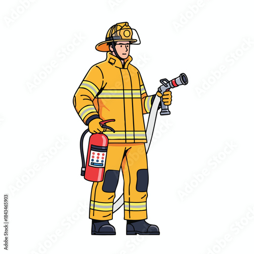 A firefighter in yellow gear, helmet, holding hose and extinguisher