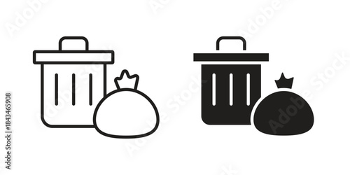 Garbage icons. Solid black silhouette and line art outline. Minimal design element,