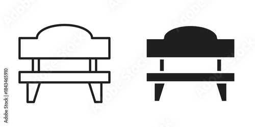 Garden Bench icons. Solid black silhouette and line art outline. Minimal design element,