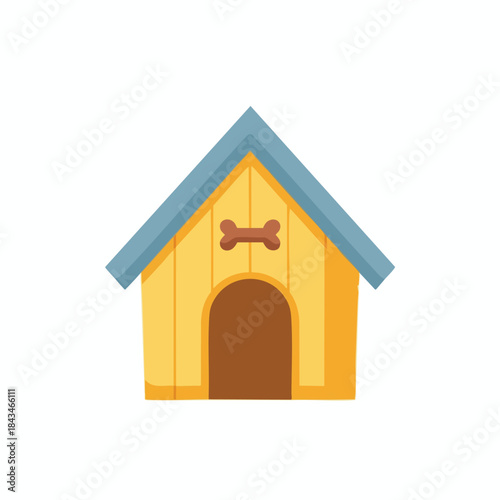 A simple, yellow doghouse with a blue roof and a bone decoration