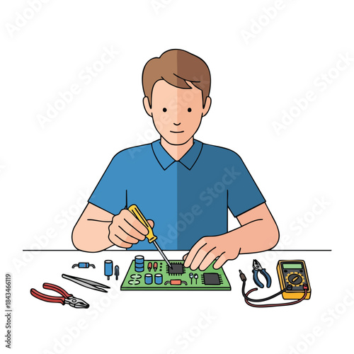 Illustration of a man soldering a circuit board, with tools nearby