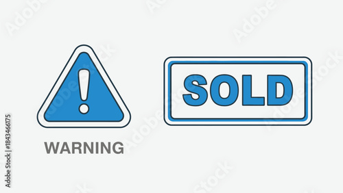 Vector illustration of Colorful sold and warning stickers on white background with black square