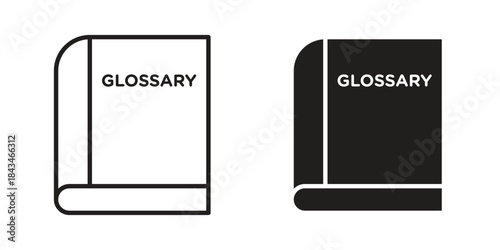 Glossary icons. Solid black silhouette and line art outline. Minimal design element,