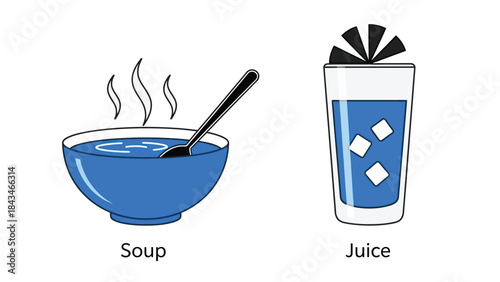 Vector illustration of Colorful cartoon food and drink items on white background with labels